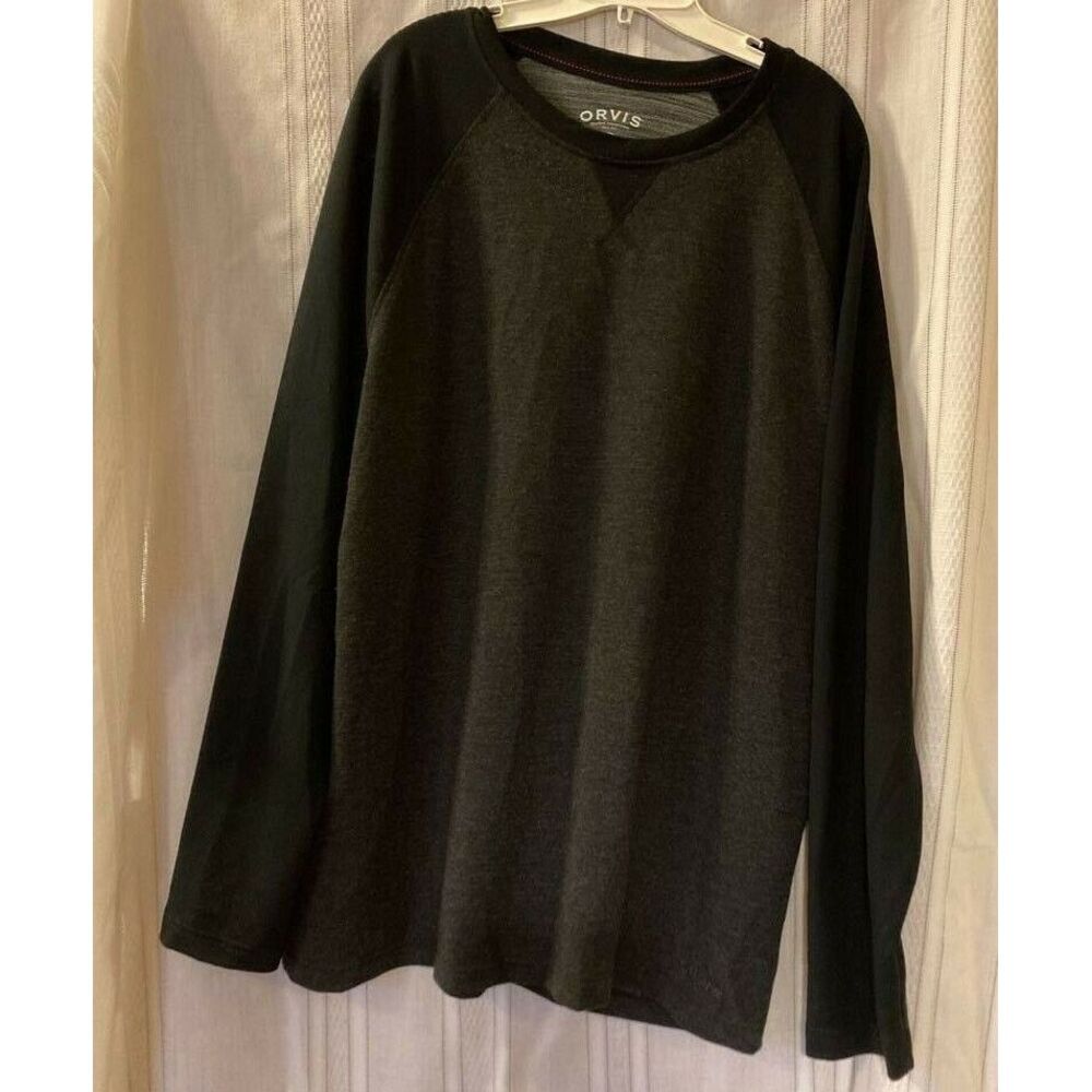 Orvis Mens Basic T-Shirt Black Heathered Raglan Long Sleeve Crew Neck Stretch XL